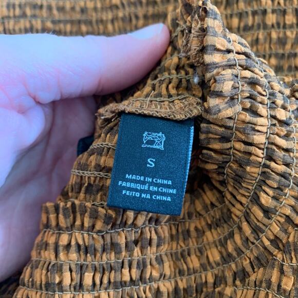 Scotch & Soda Smocked High Neck Top brown check gingham puff sleeve blouse FallS - Picture 8 of 15